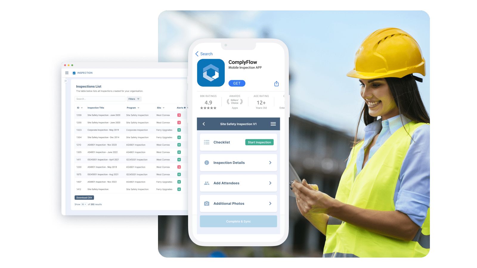 ComplyFlow web dashboard showing inspections list and mobile inspection app with App Store rating of 4.9