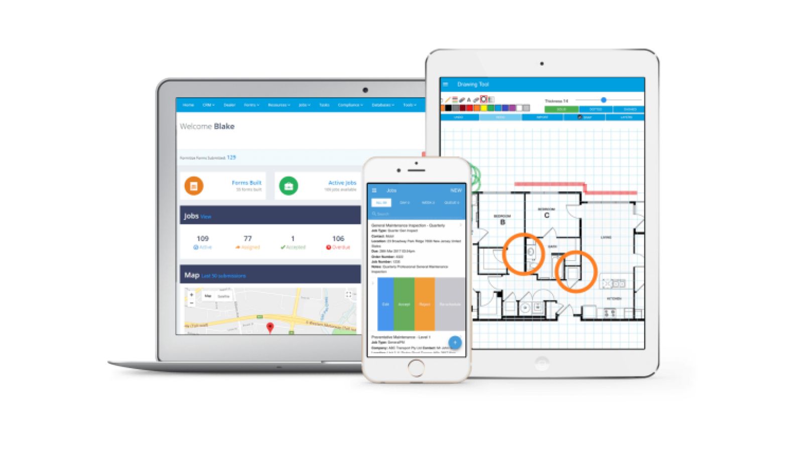Formitize platform showing laptop dashboard, mobile job management, and tablet drawing tool for building inspections
