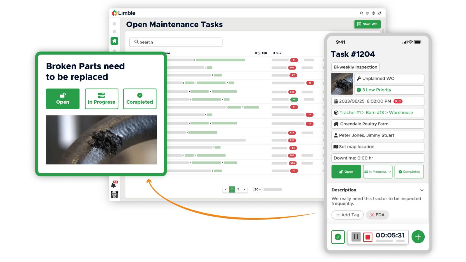 Limble CMMS open maintenance tasks dashboard with mobile task detail showing bi-weekly inspection