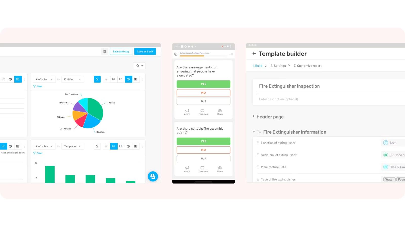 Lumiform desktop analytics, mobile inspection checklist, and template builder interface