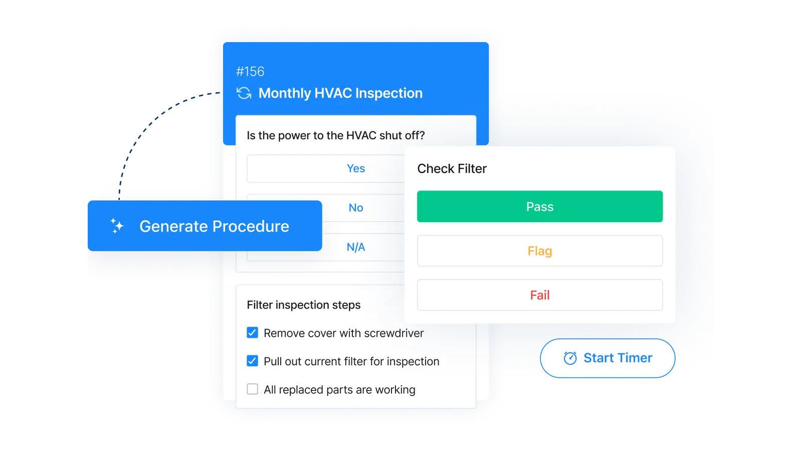 MaintainX HVAC inspection checklist with pass/fail/flag responses and filter inspection steps