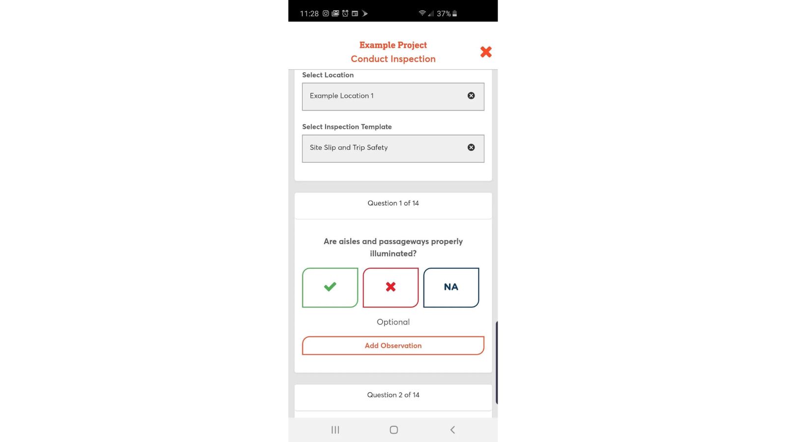 Safesite mobile inspection app showing site safety checklist with pass, fail, and NA response options