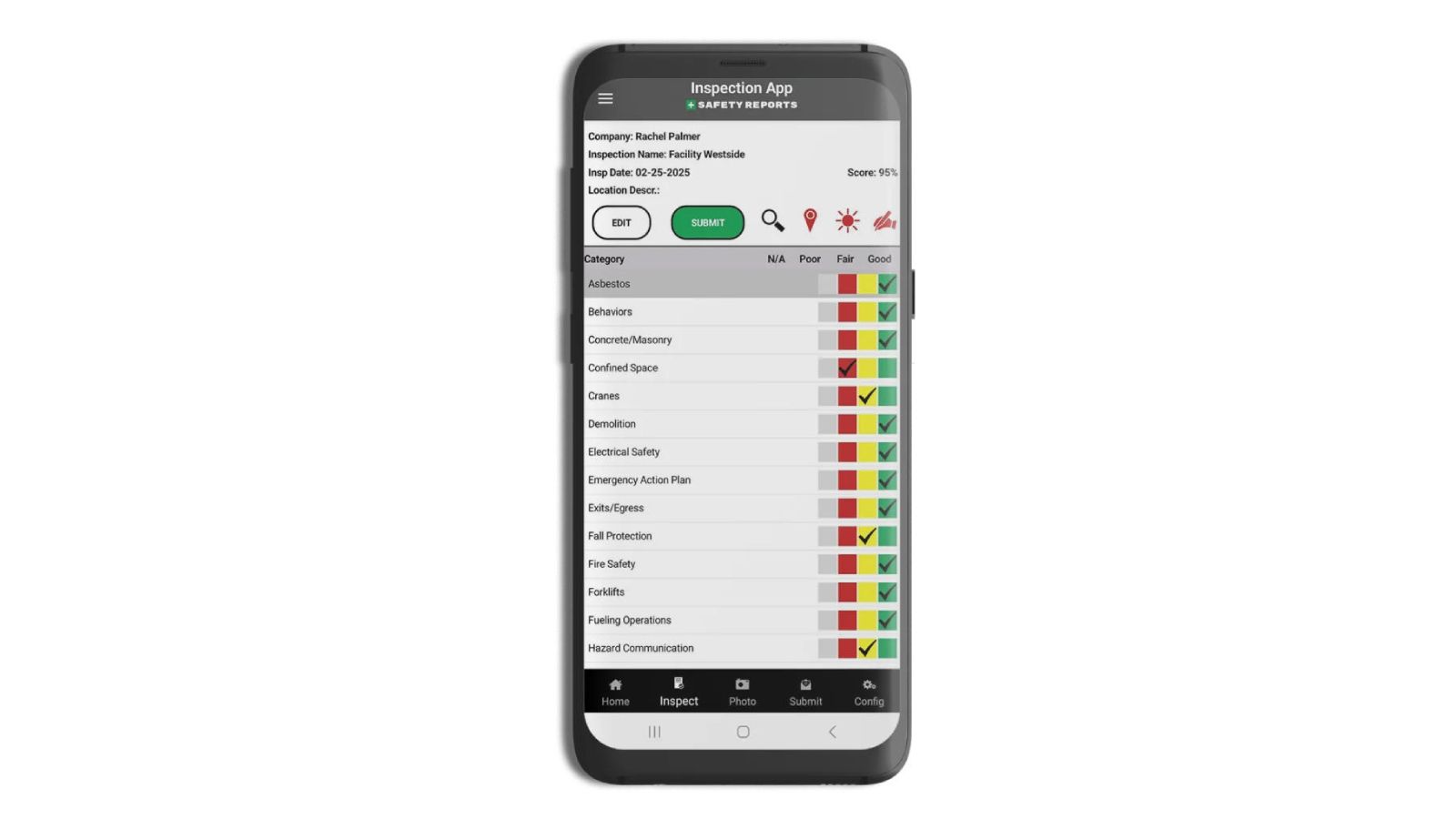 Safety Reports mobile inspection app showing OSHA safety checklist categories with colour-coded ratings