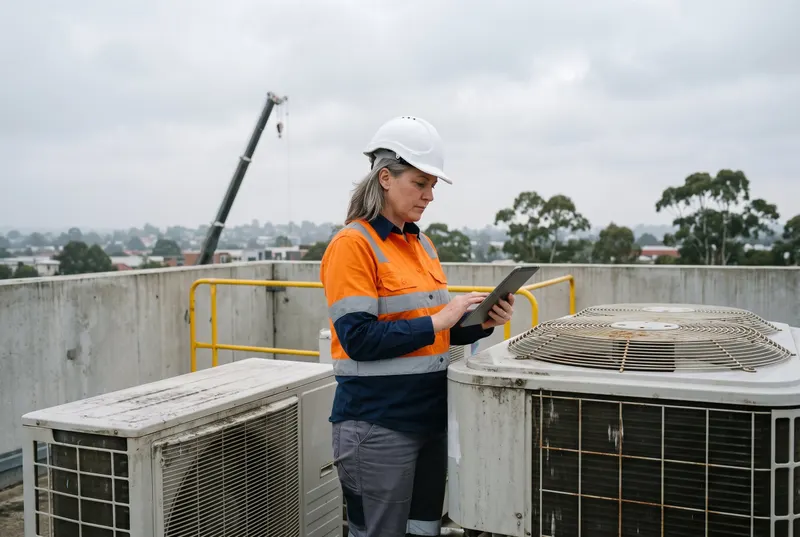 A facilities manager in a white hard hat and orange and navy hi-vis reads a tablet beside two weathered rooftop air-conditioning units, with a crane boom and eucalyptus trees behind