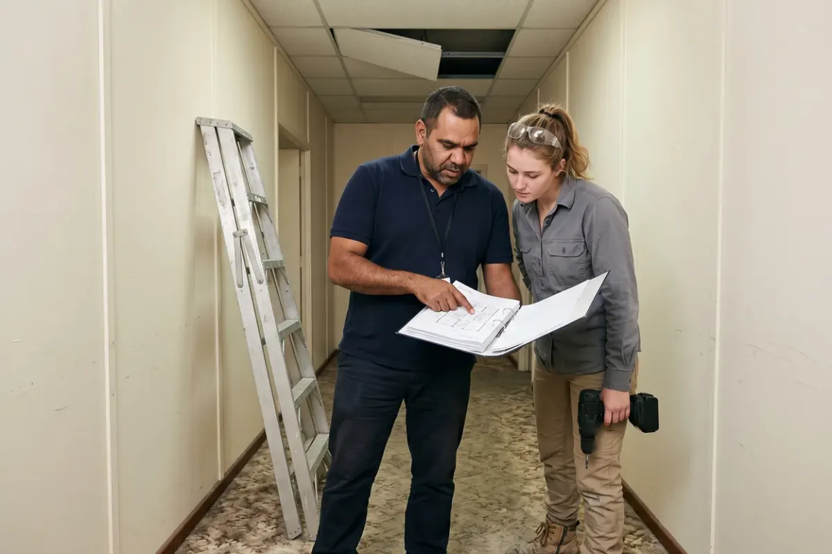 A building manager holding open a binder with a floor plan and pointing at it while a carpenter holding a cordless drill leans in to read it in an older office corridor with fibre cement wall sheets and a lifted ceiling tile