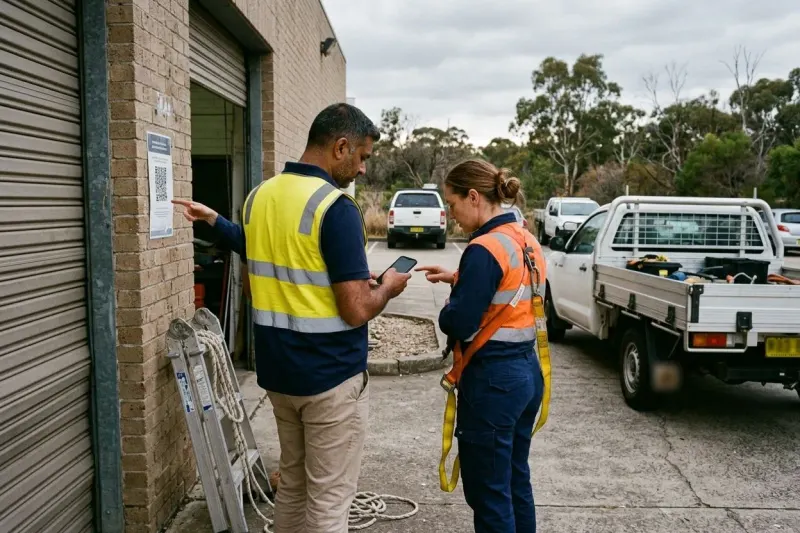 A facilities manager and a roofing contractor read a phone together beside a QR sign-in poster at the service entrance of a suburban shopping centre, a ladder, a harness and a work ute beside them