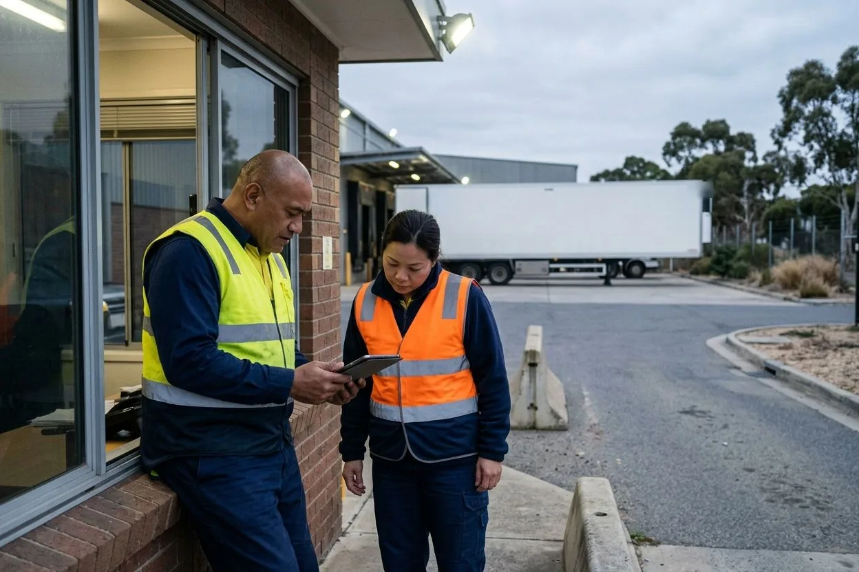 A gatehouse officer and a subcontract truck driver read a tablet together at the gate of a distribution centre at dusk, a refrigerated trailer parked behind them