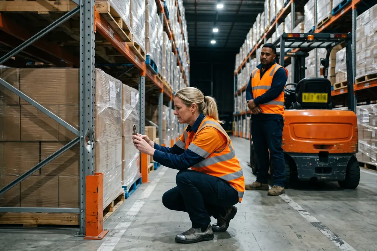A night-shift supervisor in a hi-vis vest photographs a scuffed racking upright beside a parked forklift in a distribution centre aisle