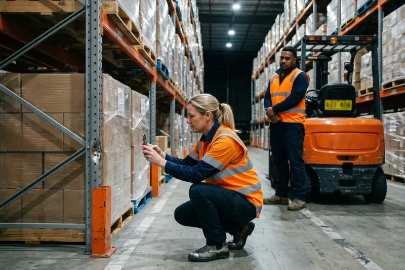 A night-shift supervisor in a hi-vis vest photographs a scuffed racking upright beside a parked forklift in a distribution centre aisle