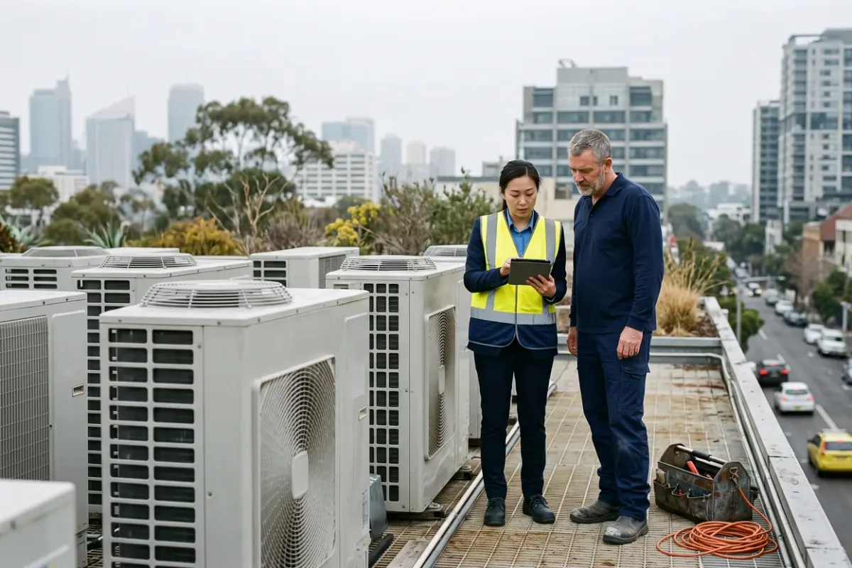 A facilities manager and an HVAC technician check a work permit on a tablet beside rooftop plant on a city office tower