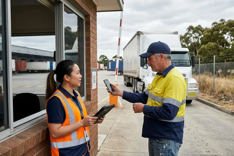 An owner-driver scans a QR code at a distribution centre gatehouse while a dispatch coordinator checks a tablet, his prime mover waiting at the boom gate