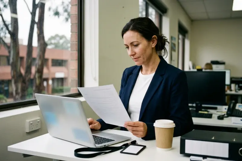 A procurement coordinator compares a printed insurance certificate with the same document on her laptop at a standing desk by an office window