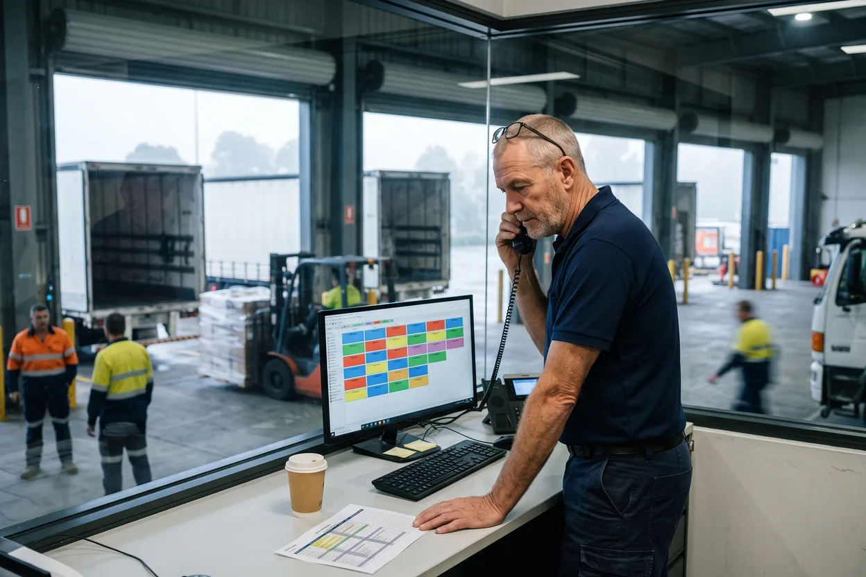 An operations manager on the phone in a distribution centre dispatch office, looking at a grid of booking slots on a monitor, with trucks at the loading docks behind the glass