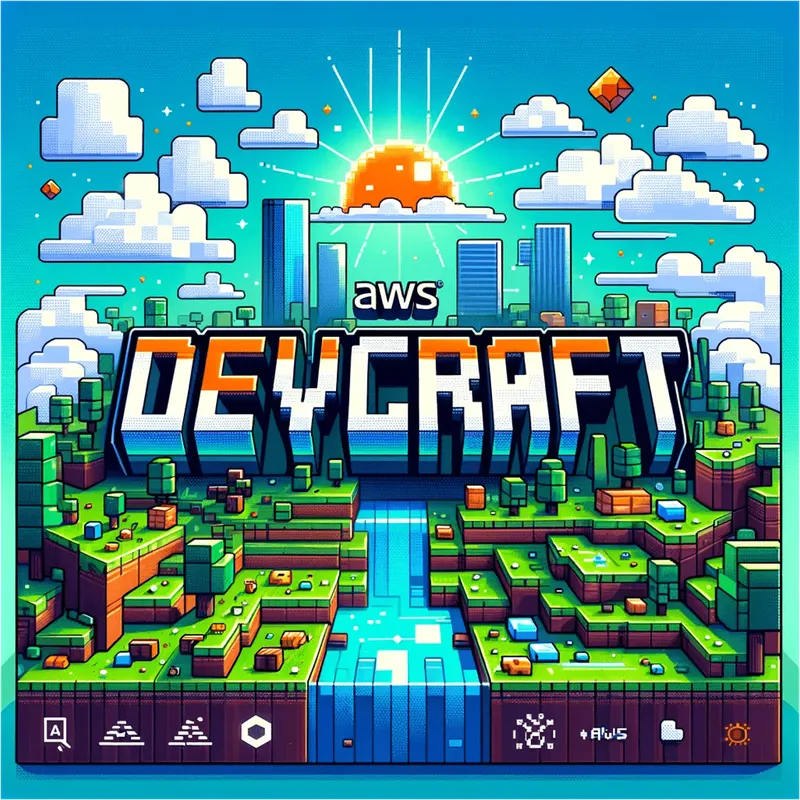 A pixel-art landscape of blocky green hills and a river under a rising sun, with the AWS logo above the word DEVCRAFT in large blocky letters