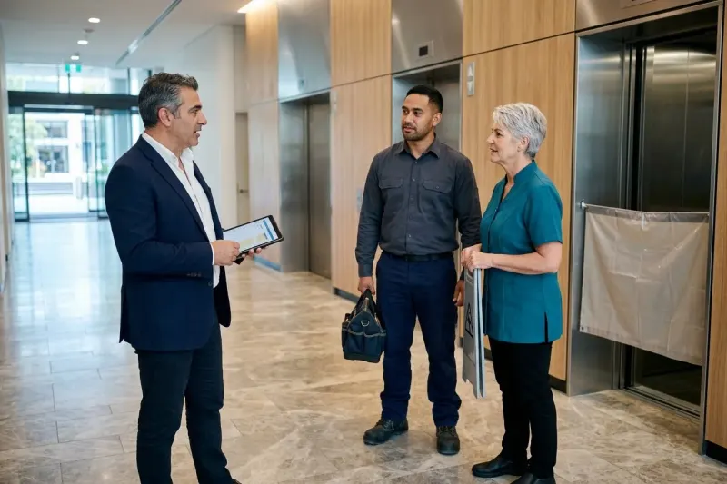 A facilities manager with a tablet, a lift technician with a toolbag, and a cleaning supervisor holding a folded floor sign talking together in an office building lift lobby