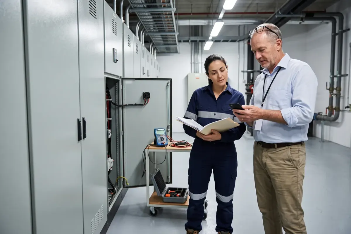A facilities coordinator checking details on his phone while an electrician holds an open folder of paperwork in a commercial building's switch room beside an open switchboard