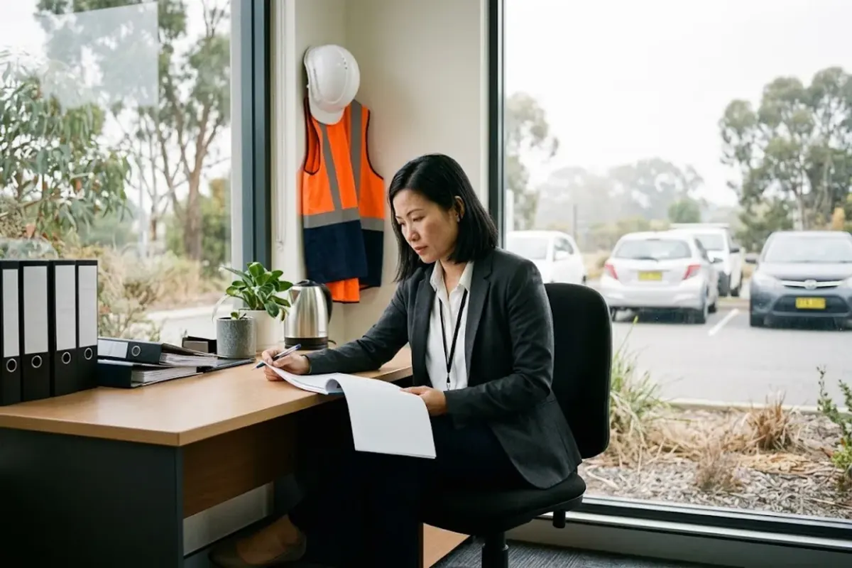 A facilities manager at a building-office desk reading a printed report with a pen in her hand, a white hard hat and an orange and navy hi-vis vest hanging on the wall behind her and a car park beyond the window
