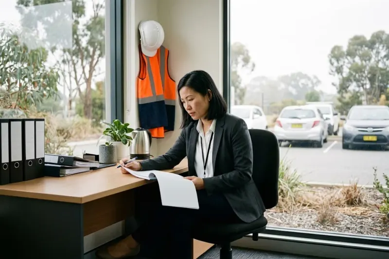 A facilities manager at a building-office desk reading a printed report with a pen in her hand, a white hard hat and an orange and navy hi-vis vest hanging on the wall behind her and a car park beyond the window