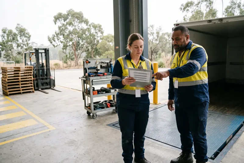 A warehouse supervisor and a repair contractor's supervisor beside a dock leveller, reading a one-page job plan on a clipboard together
