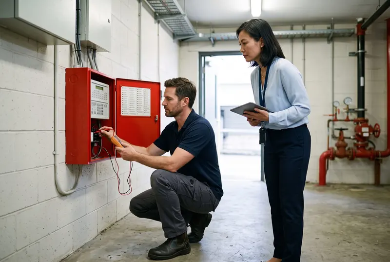 A fire services technician in a navy polo crouching at an open red fire indicator panel in an office building plant room, testing it with a multimeter, while a facilities manager holds a tablet beside him