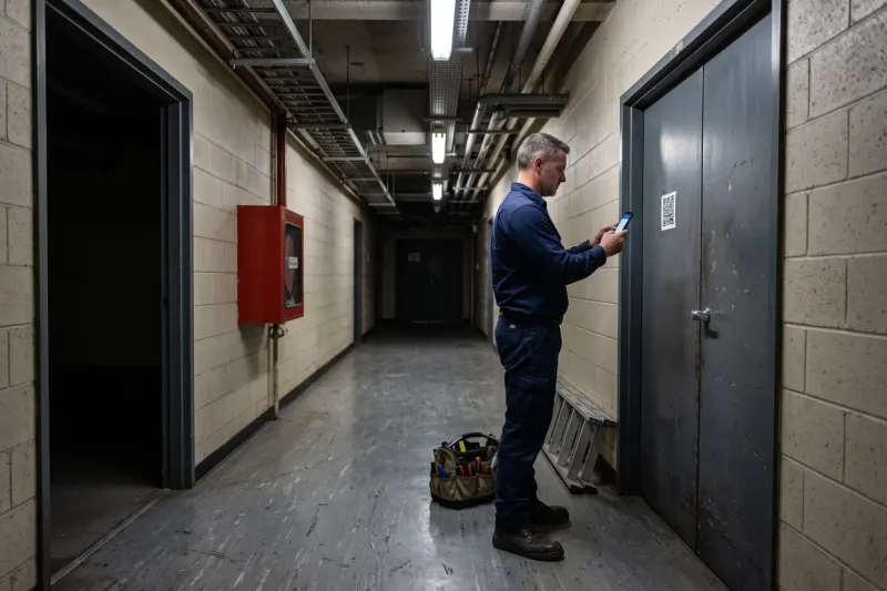 A fire services technician in navy workwear scanning a QR code on a steel plant room door in a dimly lit office tower service corridor, a toolbag and step ladder beside him