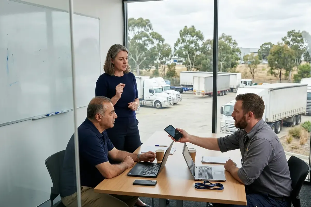 A procurement lead makes a point in a meeting room while an operations manager holds out a phone to a facilities manager, prime movers parked in the yard outside