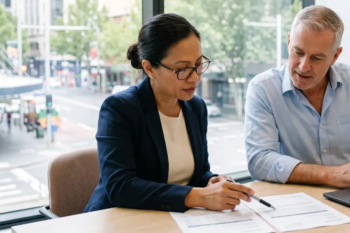 A procurement manager in glasses points a pen at one of two printed software quotes on a meeting table while a facilities manager leans in to read it