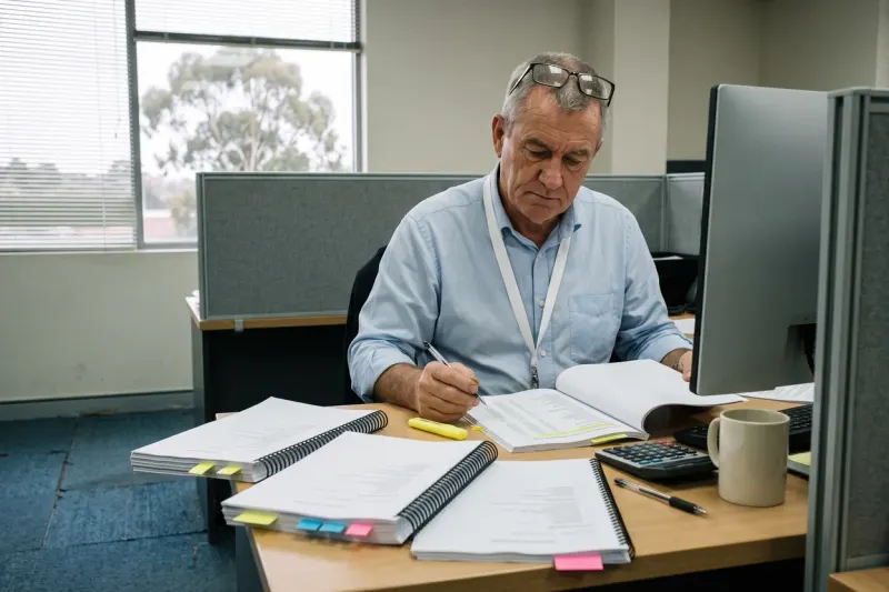 A facilities manager in a pale blue shirt and lanyard marks up a bound printed vendor response at a desk in an open-plan office, with two more tabbed responses, a highlighter, a calculator and a mug beside him and a eucalyptus tree outside the window