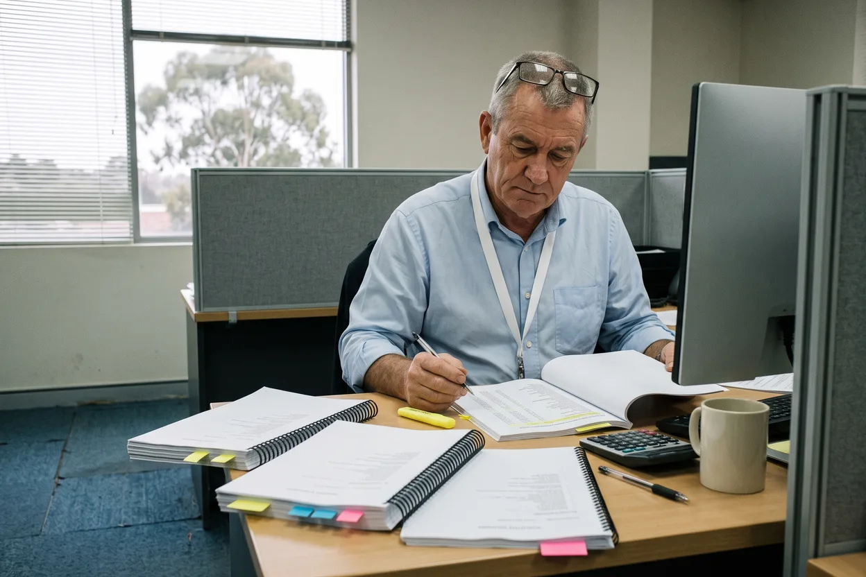 A facilities manager in a pale blue shirt and lanyard marks up a bound printed vendor response at a desk in an open-plan office, with two more tabbed responses, a highlighter, a calculator and a mug beside him and a eucalyptus tree outside the window
