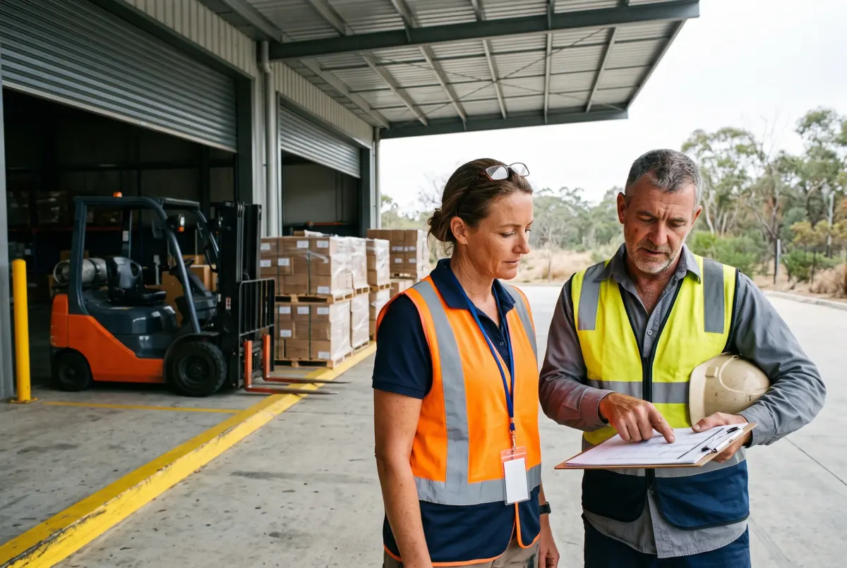 A warehouse operations manager and a roofing contractor's supervisor on a distribution centre loading apron, reading a one-page job sheet together while a forklift waits behind a painted line