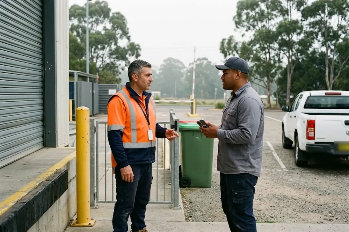 A site supervisor in a clean hi-vis vest and a contractor holding a phone talking at a pedestrian gate beside a loading dock