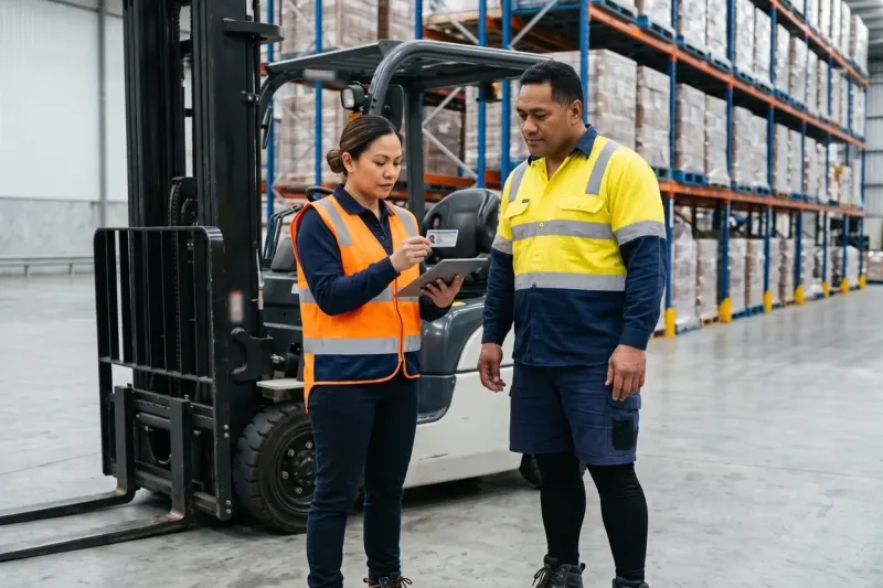 A safety manager in a warehouse comparing a forklift operator's photo licence card with a tablet screen beside a parked forklift while the operator waits