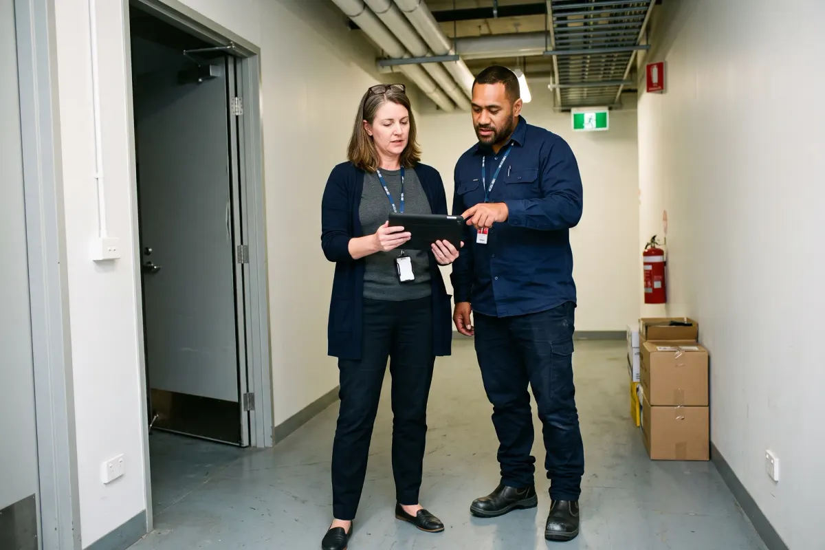 A facilities manager holding a tablet and a building services supervisor pointing at it as they talk in a plant room service corridor