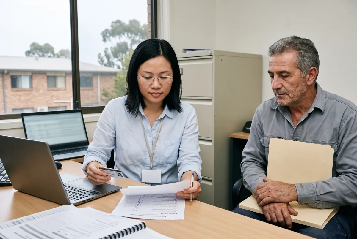 A facilities coordinator at an office desk comparing a contractor's licence card and a printed insurance certificate against a laptop register while the contractor waits beside her with his paperwork in a folder