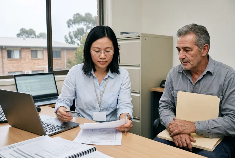 A facilities coordinator at an office desk comparing a contractor's licence card and a printed insurance certificate against a laptop register while the contractor waits beside her with his paperwork in a folder
