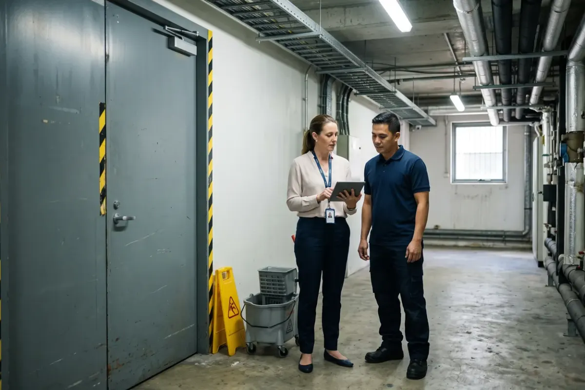 A facilities manager holding a tablet talks with a cleaning supervisor beside a grey steel plant room door in an office building