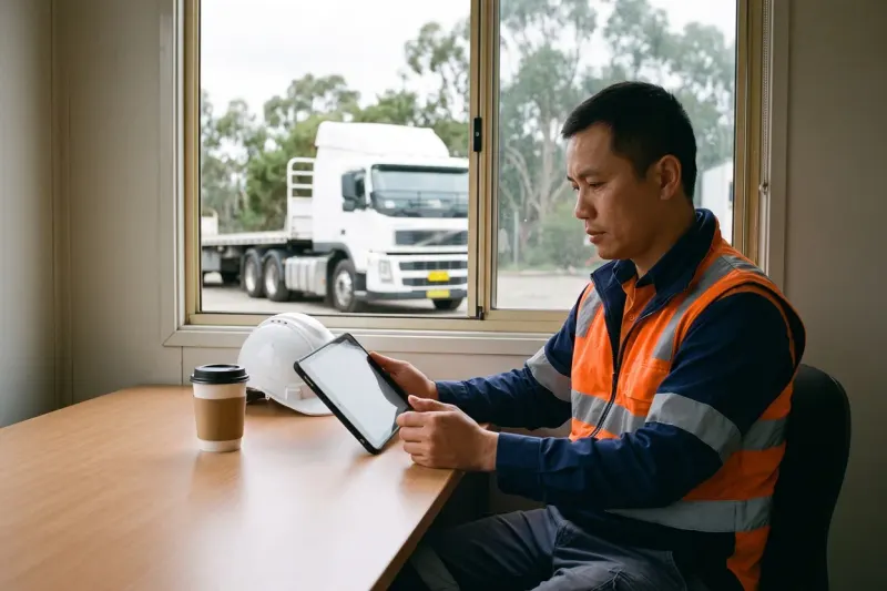 A contractor in an orange and navy hi-vis vest completing an induction on a tablet at a desk in a site office, with a hard hat and a takeaway coffee beside him and a prime mover parked in the depot yard outside the window