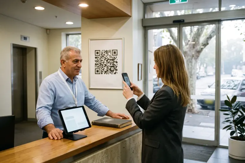 A building manager at a timber reception counter in an office lobby watches a visitor hold her phone up to a framed sign-in poster, with a tablet kiosk and a closed paper visitor book on the counter