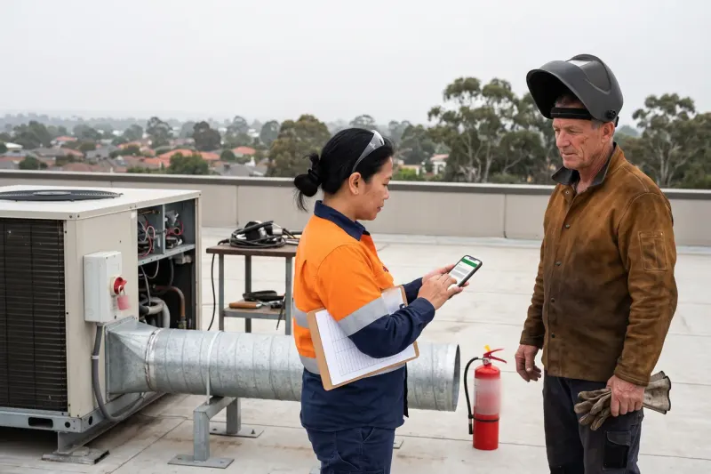 A facilities supervisor in orange and navy hi-vis signs a permit on her phone, a paper permit pad under her arm, while a welder waits beside a rooftop air-conditioning unit with a red lockout padlock on its isolator