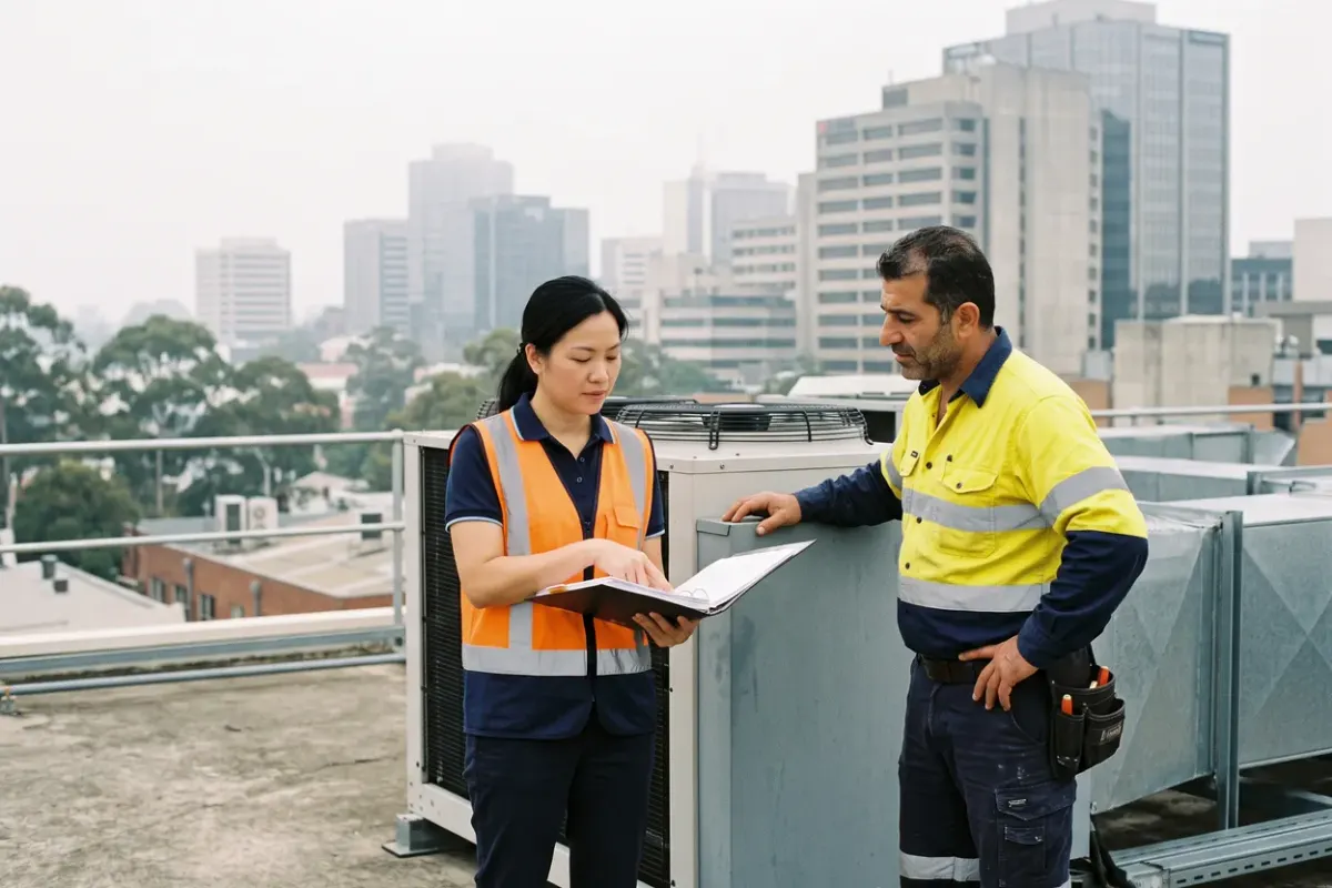 A facilities manager in a hi-vis vest showing a contractor a folder beside rooftop plant on an office building, with city towers in the haze behind