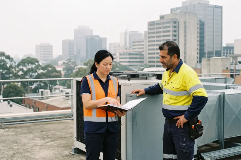 A facilities manager in a hi-vis vest showing a contractor a folder beside rooftop plant on an office building, with city towers in the haze behind