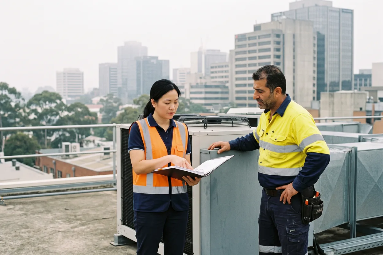 A facilities manager in a hi-vis vest showing a contractor a folder beside rooftop plant on an office building, with city towers in the haze behind