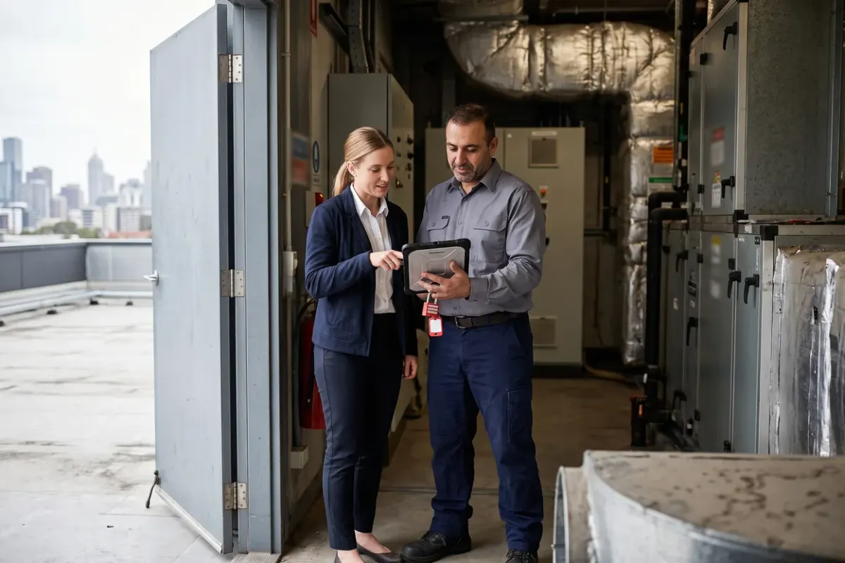 A facilities coordinator and a building services technician reviewing a permit on a tablet at the door of a rooftop plant room, the technician holding a red isolation padlock and tag