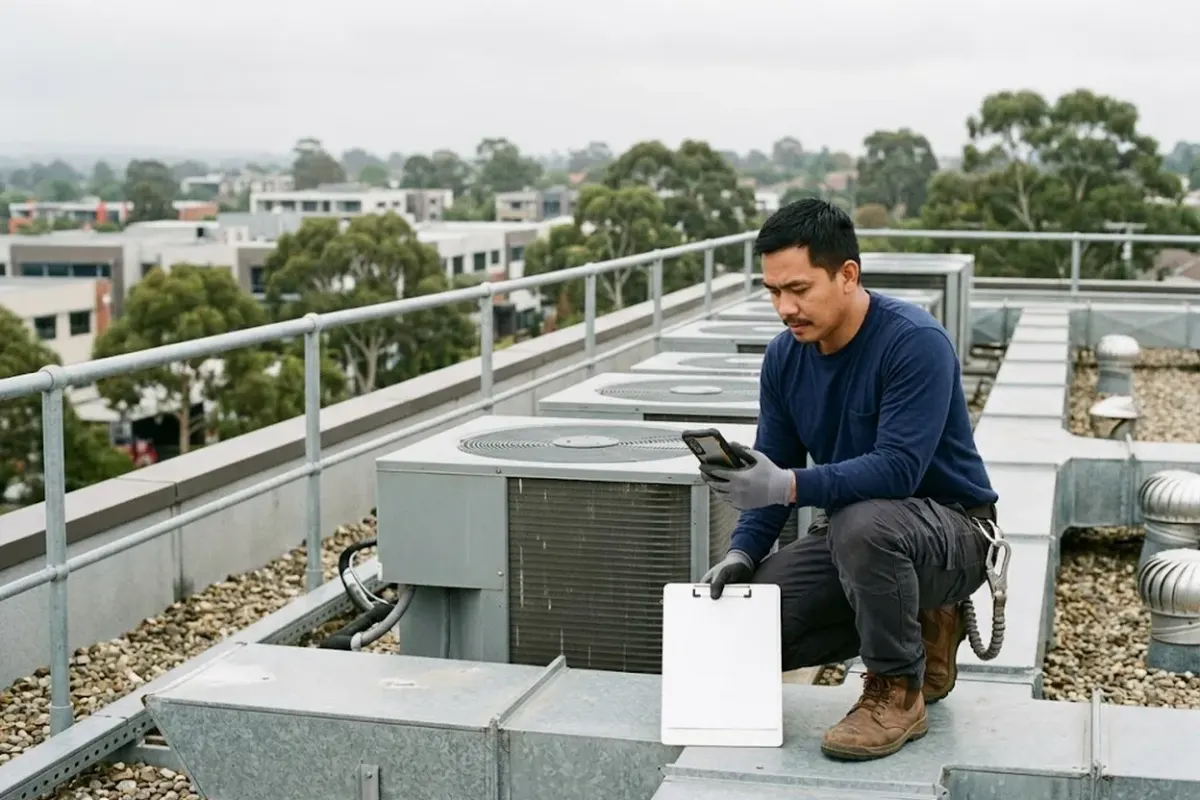 A building services technician crouched on a commercial rooftop beside air-conditioning units, entering a finding on a phone with a blank clipboard on the roof beside him