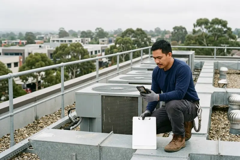 A building services technician crouched on a commercial rooftop beside air-conditioning units, entering a finding on a phone with a blank clipboard on the roof beside him