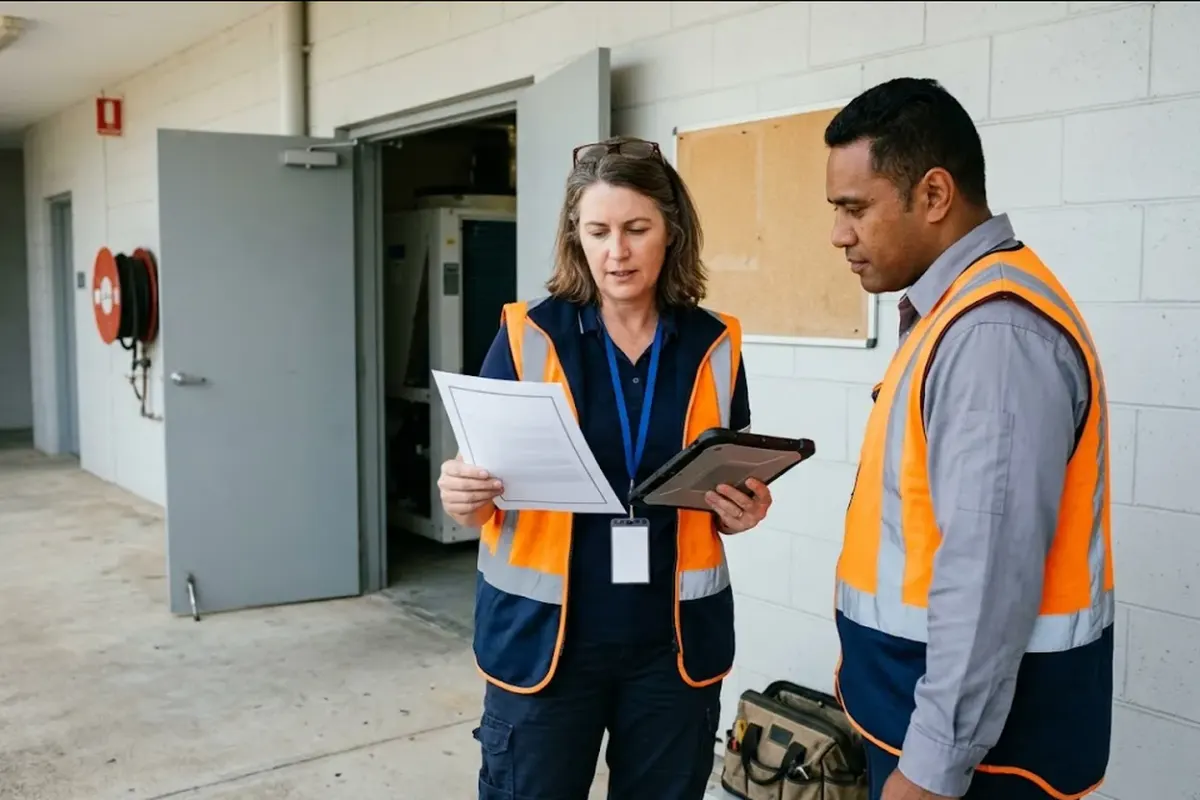 A facilities manager in an orange and navy hi-vis vest reads a printed sheet beside an open plant room door while a technician looks at her tablet, a concrete block wall behind them