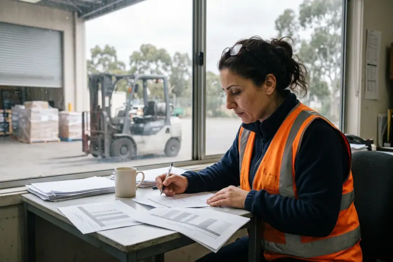 An operations manager in a navy fleece and orange hi-vis vest marks the margin of a printed document at a desk in a distribution centre dock office, with a forklift and pallets beyond the window