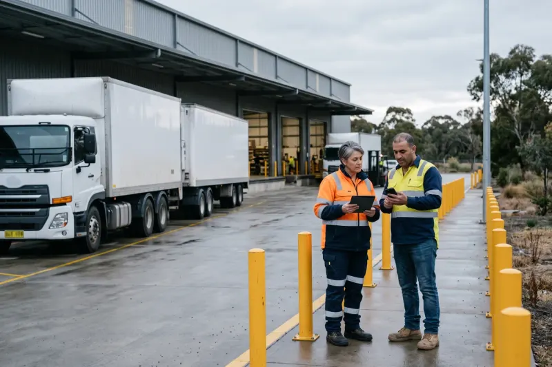 A WHS manager in a hi-vis jacket reviews a tablet with a truck driver beside the bollards of a distribution centre loading dock on an overcast morning
