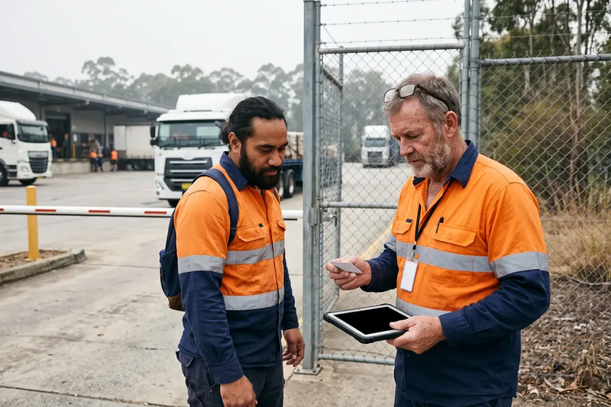 A depot supervisor in orange and navy hi-vis reads a worker's licence card at a pedestrian gate, a tablet in his other hand, trucks and a loading dock behind them