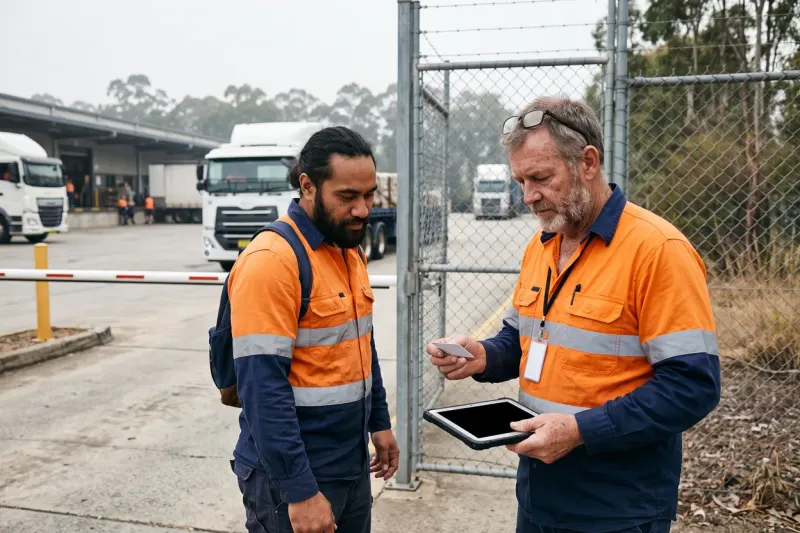 A depot supervisor in orange and navy hi-vis reads a worker's licence card at a pedestrian gate, a tablet in his other hand, trucks and a loading dock behind them